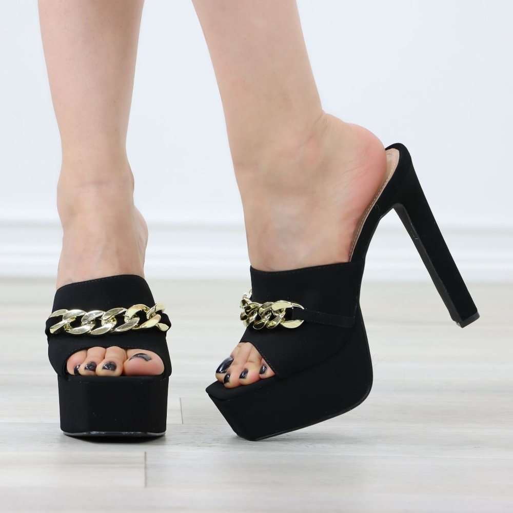 Black Faux Velvet Open Toe Slip On Platform Heels Gold Tone Chain Detailing - Picture 9 of 12